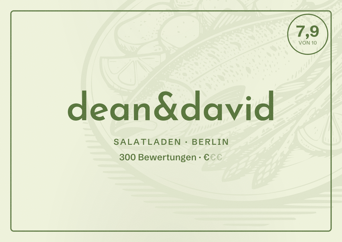 Illustriertes Poster von dean&david, Salatladen in Berlin: Bewertung 7,9 von 10 aus 300 Bewertungen, Preisniveau €