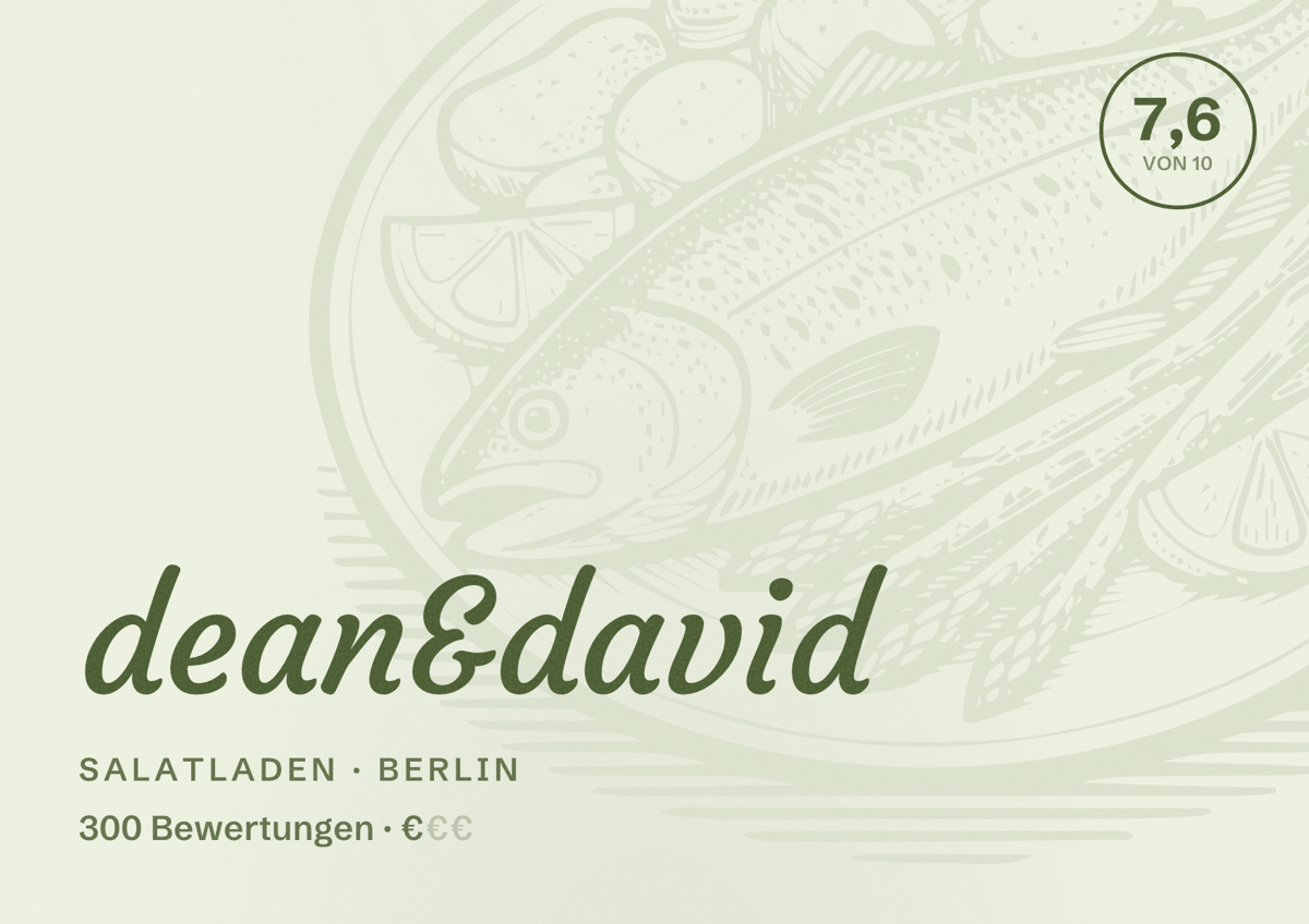 Illustriertes Poster von dean&david, Salatladen in Berlin: Bewertung 7,6 von 10 aus 300 Bewertungen, Preisniveau €
