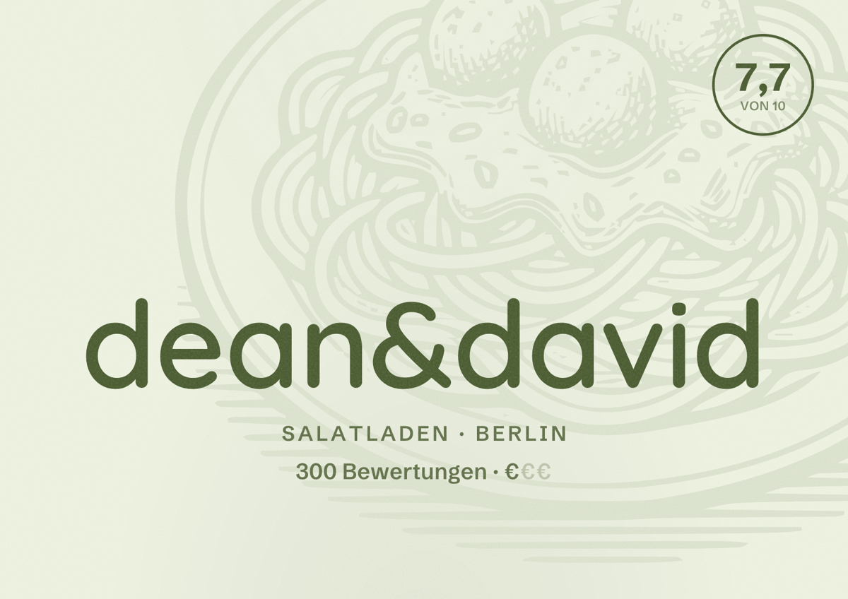 Illustriertes Poster von dean&david, Salatladen in Berlin: Bewertung 7,7 von 10 aus 300 Bewertungen, Preisniveau €