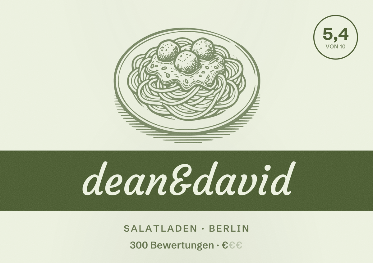 Illustriertes Poster von dean&david, Salatladen in Berlin: Bewertung 5,4 von 10 aus 300 Bewertungen, Preisniveau €