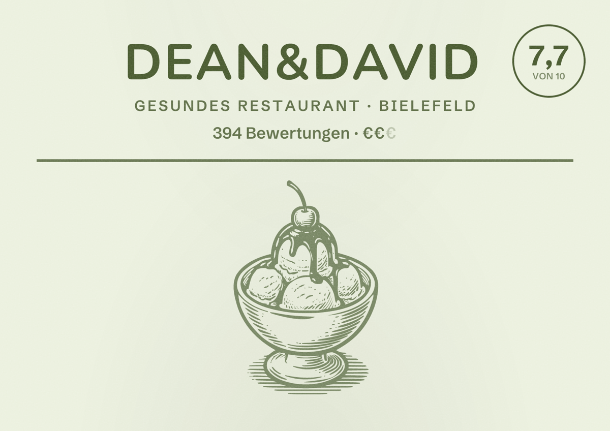Illustriertes Poster von dean&david, Gesundes Restaurant in Bielefeld: Bewertung 7,7 von 10 aus 394 Bewertungen, Preisniveau €€