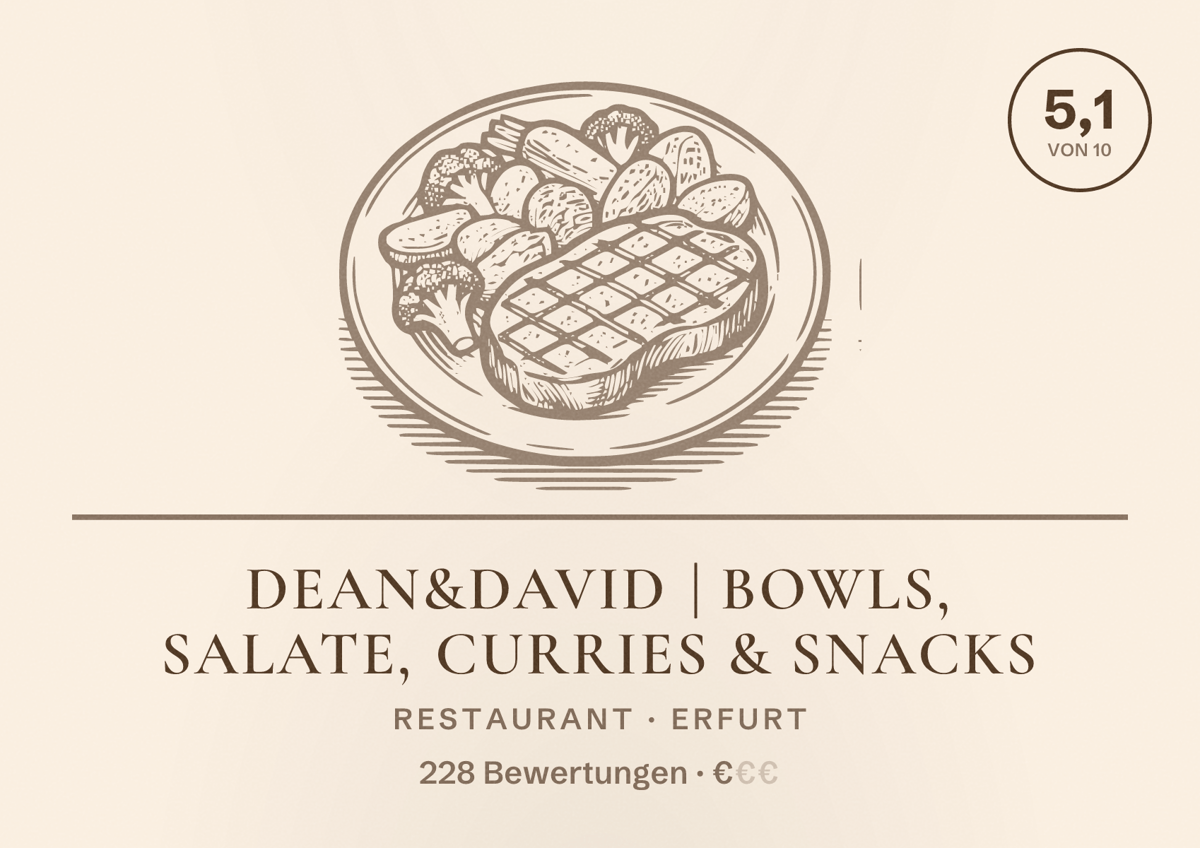 Illustriertes Poster von dean&david | Bowls, Salate, Curries & Snacks, Restaurant in Erfurt: Bewertung 5,1 von 10 aus 228 Bewertungen, Preisniveau €