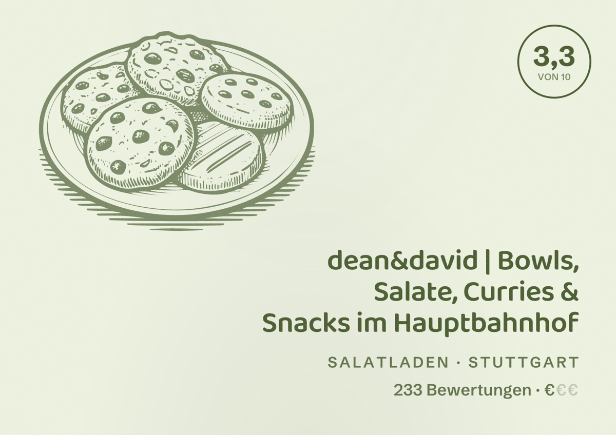 Illustriertes Poster von dean&david | Bowls, Salate, Curries & Snacks im Hauptbahnhof, Salatladen in Stuttgart: Bewertung 3,3 von 10 aus 233 Bewertungen, Preisniveau €