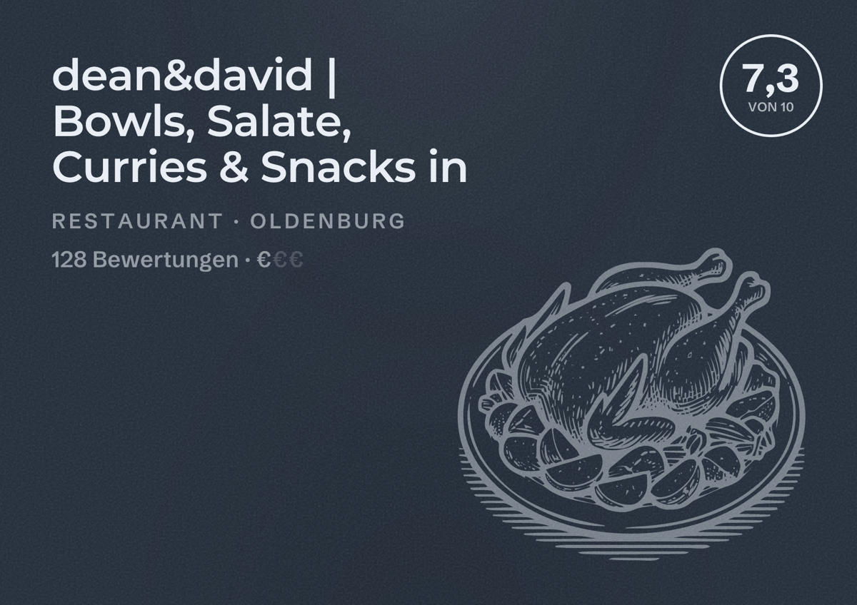 Illustriertes Poster von dean&david | Bowls, Salate, Curries & Snacks in, Restaurant in Oldenburg: Bewertung 7,3 von 10 aus 128 Bewertungen, Preisniveau €