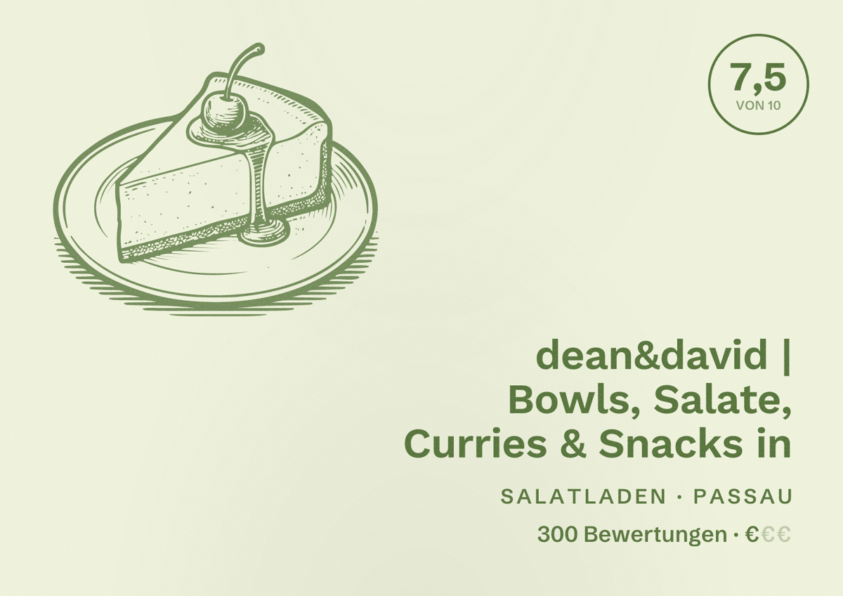 Illustriertes Poster von dean&david | Bowls, Salate, Curries & Snacks in, Salatladen in Passau: Bewertung 7,5 von 10 aus 300 Bewertungen, Preisniveau €