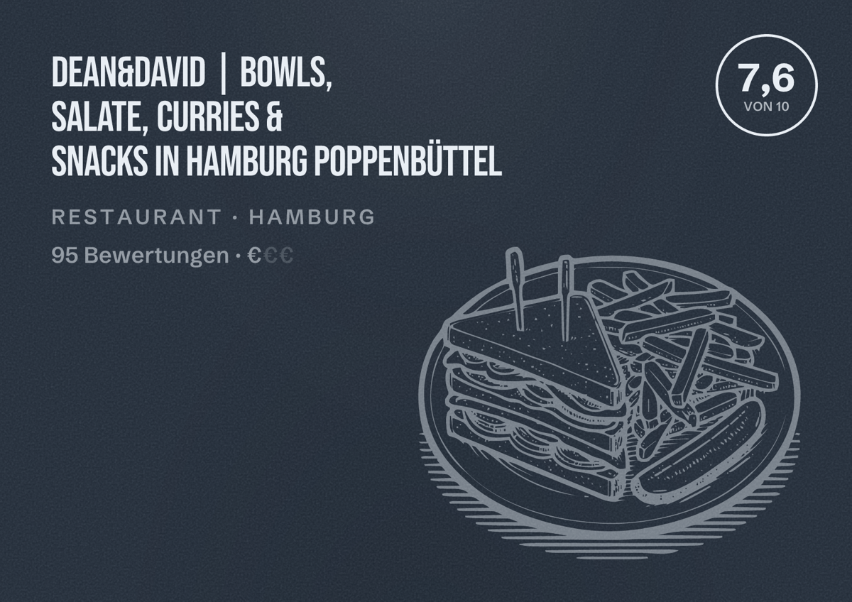 Illustriertes Poster von dean&david | Bowls, Salate, Curries & Snacks in Hamburg Poppenbüttel, Restaurant in Hamburg: Bewertung 7,6 von 10 aus 95 Bewertungen, Preisniveau €