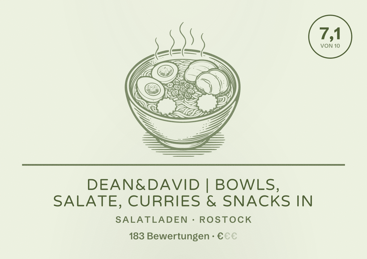 Illustriertes Poster von dean&david | Bowls, Salate, Curries & Snacks in, Salatladen in Rostock: Bewertung 7,1 von 10 aus 183 Bewertungen, Preisniveau €
