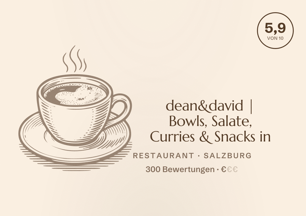 Illustriertes Poster von dean&david | Bowls, Salate, Curries & Snacks in, Restaurant in Salzburg: Bewertung 5,9 von 10 aus 300 Bewertungen, Preisniveau €