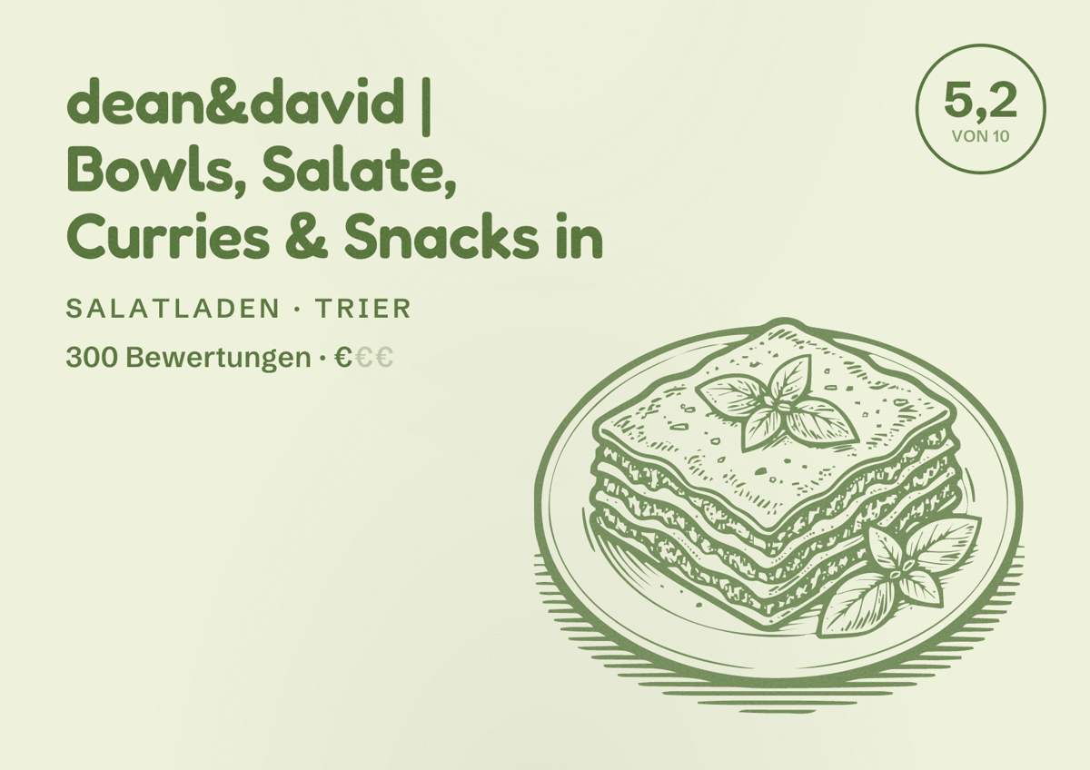 Illustriertes Poster von dean&david | Bowls, Salate, Curries & Snacks in, Salatladen in Trier: Bewertung 5,2 von 10 aus 300 Bewertungen, Preisniveau €