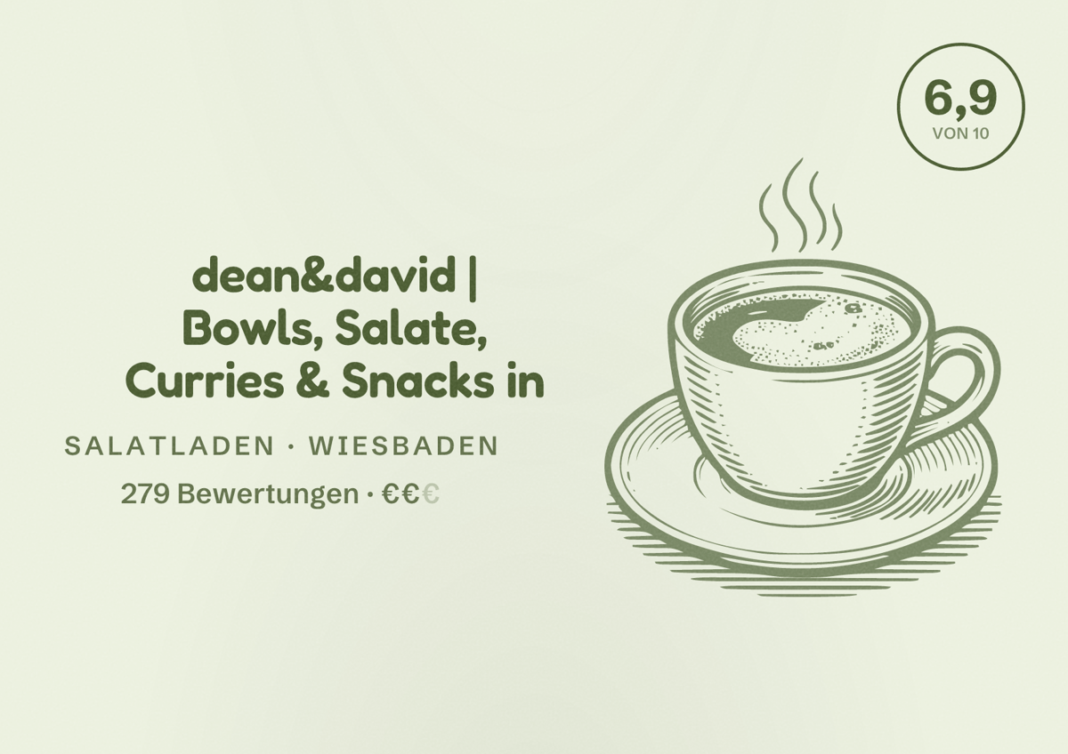 Illustriertes Poster von dean&david | Bowls, Salate, Curries & Snacks in, Salatladen in Wiesbaden: Bewertung 6,9 von 10 aus 279 Bewertungen, Preisniveau €€