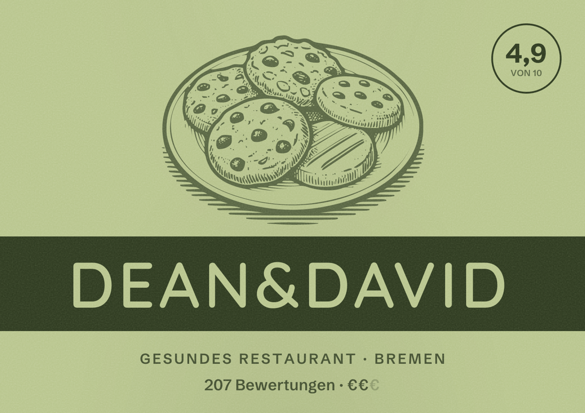 Illustriertes Poster von dean&david, Gesundes Restaurant in Bremen: Bewertung 4,9 von 10 aus 207 Bewertungen, Preisniveau €€