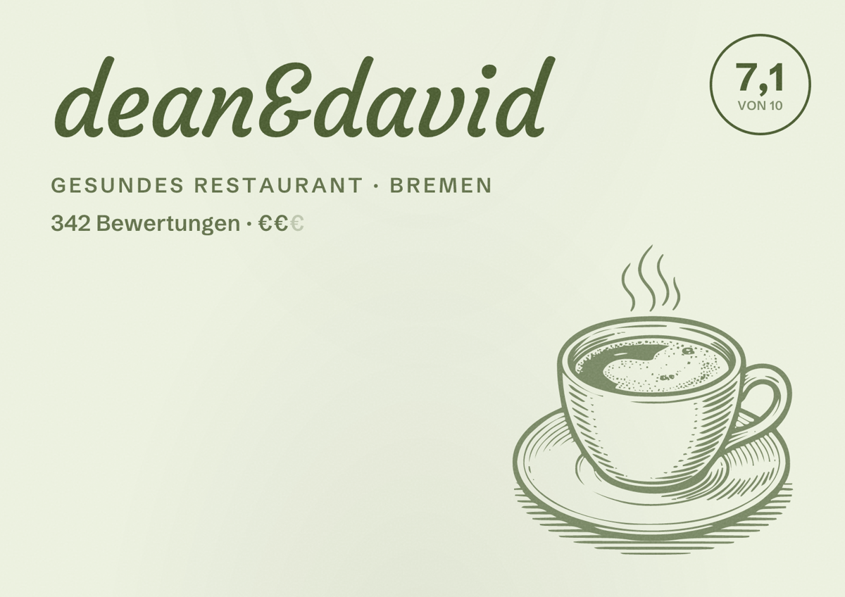 Illustriertes Poster von dean&david, Gesundes Restaurant in Bremen: Bewertung 7,1 von 10 aus 342 Bewertungen, Preisniveau €€