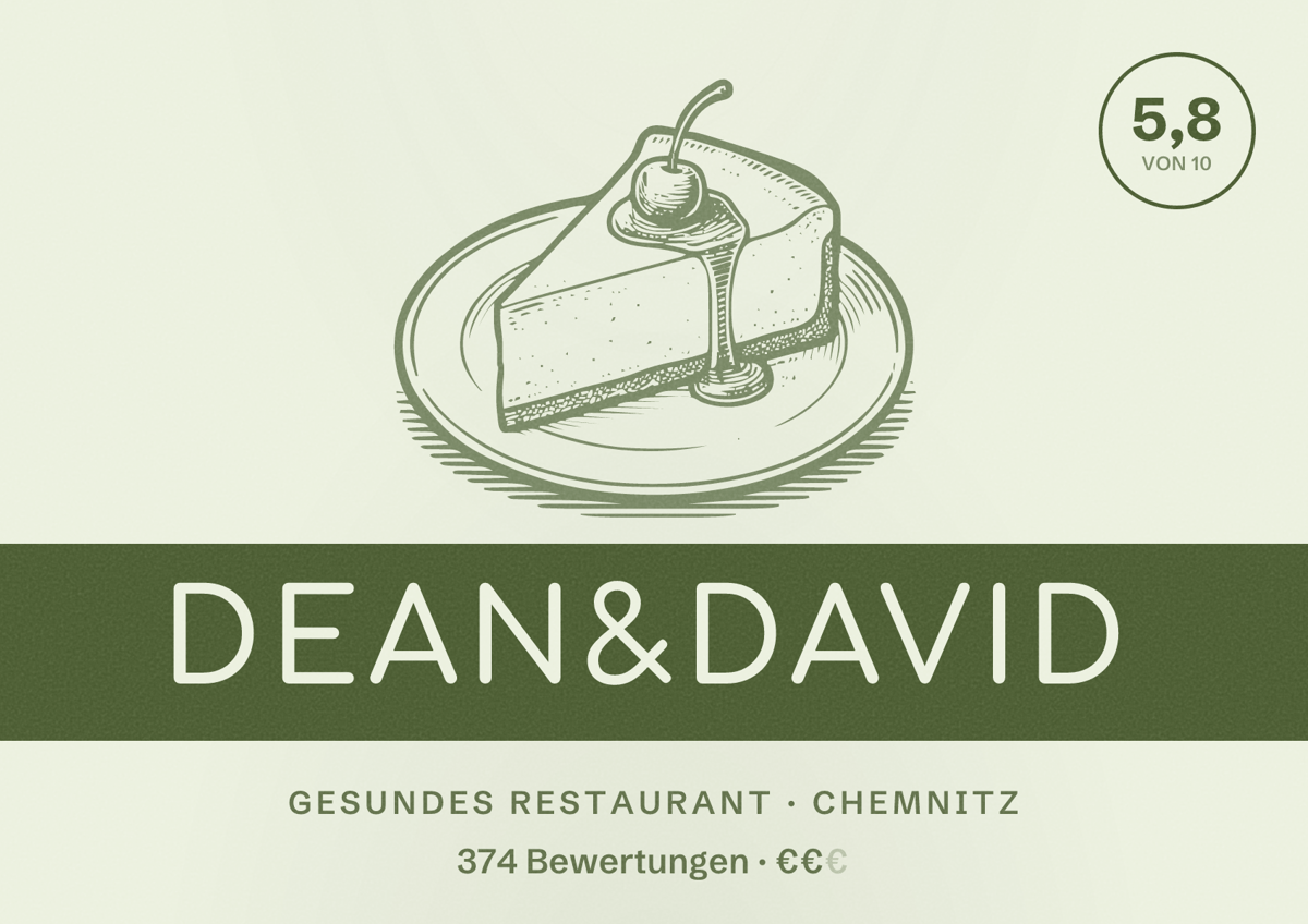 Illustriertes Poster von dean&david, Gesundes Restaurant in Chemnitz: Bewertung 5,8 von 10 aus 374 Bewertungen, Preisniveau €€