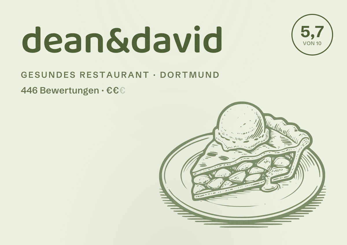 Illustriertes Poster von dean&david, Gesundes Restaurant in Dortmund: Bewertung 5,7 von 10 aus 446 Bewertungen, Preisniveau €€