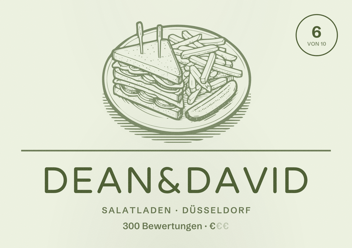 Illustriertes Poster von dean&david, Salatladen in Düsseldorf: Bewertung 6,0 von 10 aus 300 Bewertungen, Preisniveau €