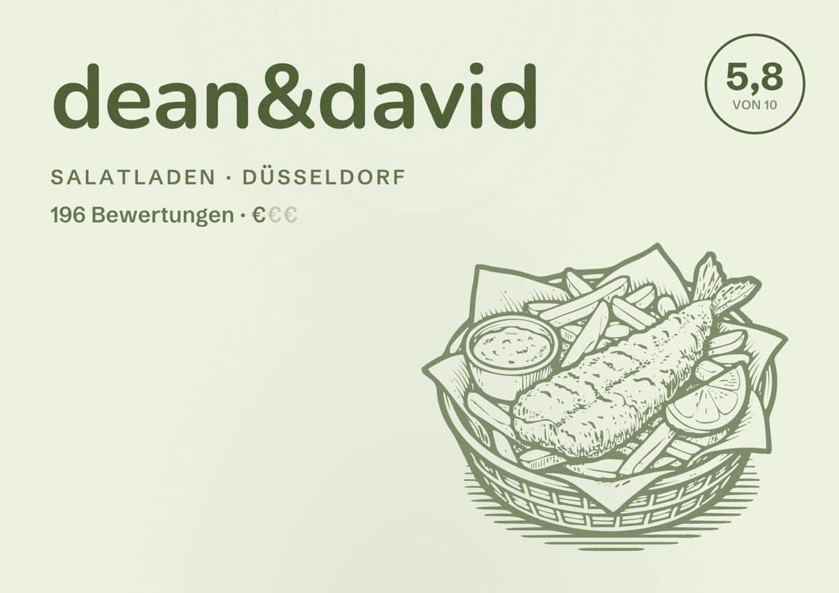 Illustriertes Poster von dean&david, Salatladen in Düsseldorf: Bewertung 5,8 von 10 aus 196 Bewertungen, Preisniveau €