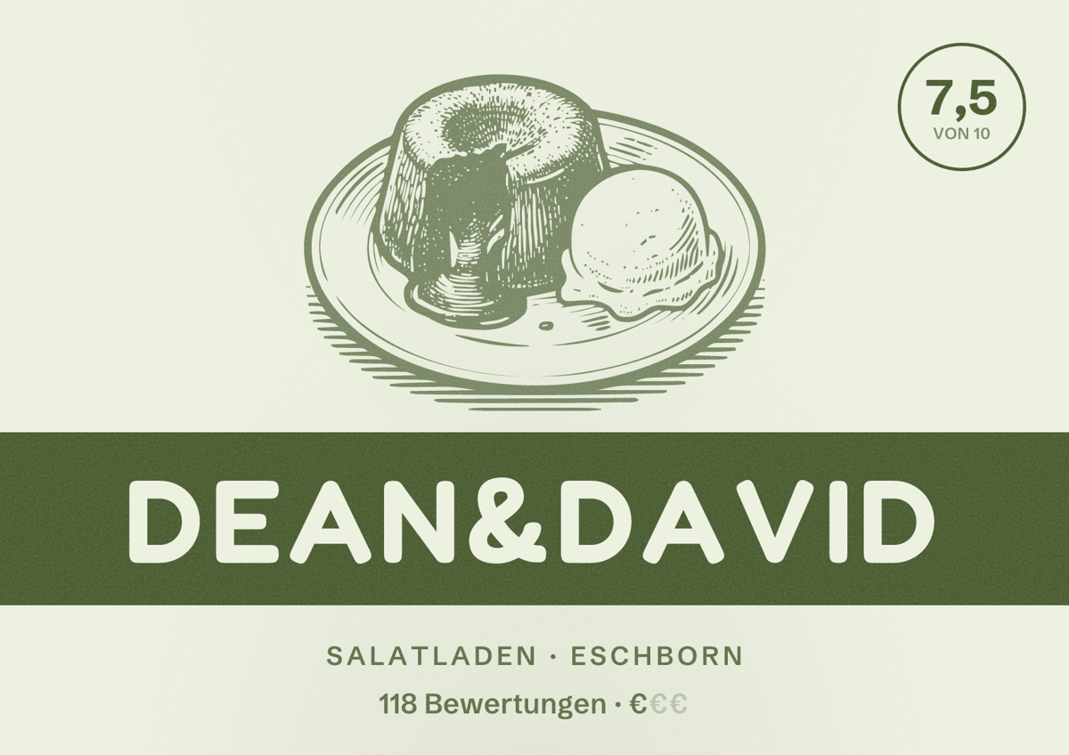 Illustriertes Poster von dean&david, Salatladen in Eschborn: Bewertung 7,5 von 10 aus 118 Bewertungen, Preisniveau €