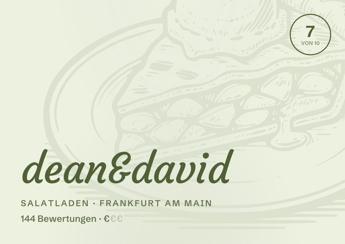 Illustriertes Poster von dean&david, Salatladen in Frankfurt am Main: Bewertung 7,0 von 10 aus 144 Bewertungen, Preisniveau €