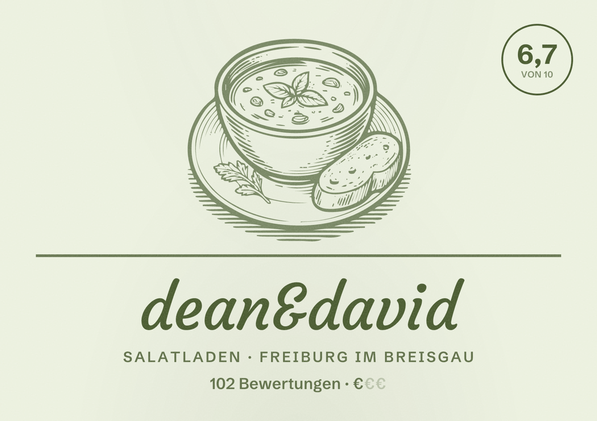 Illustriertes Poster von dean&david, Salatladen in Freiburg im Breisgau: Bewertung 6,7 von 10 aus 102 Bewertungen, Preisniveau €