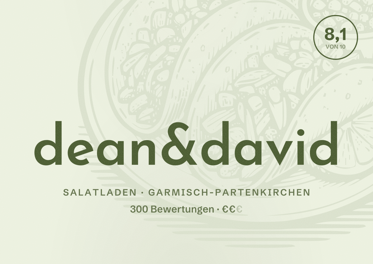 Illustriertes Poster von dean&david, Salatladen in Garmisch-Partenkirchen: Bewertung 8,1 von 10 aus 300 Bewertungen, Preisniveau €€