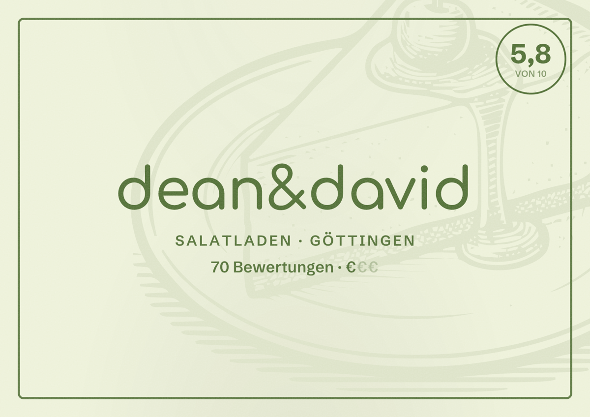 Illustriertes Poster von dean&david, Salatladen in Göttingen: Bewertung 5,8 von 10 aus 70 Bewertungen, Preisniveau €