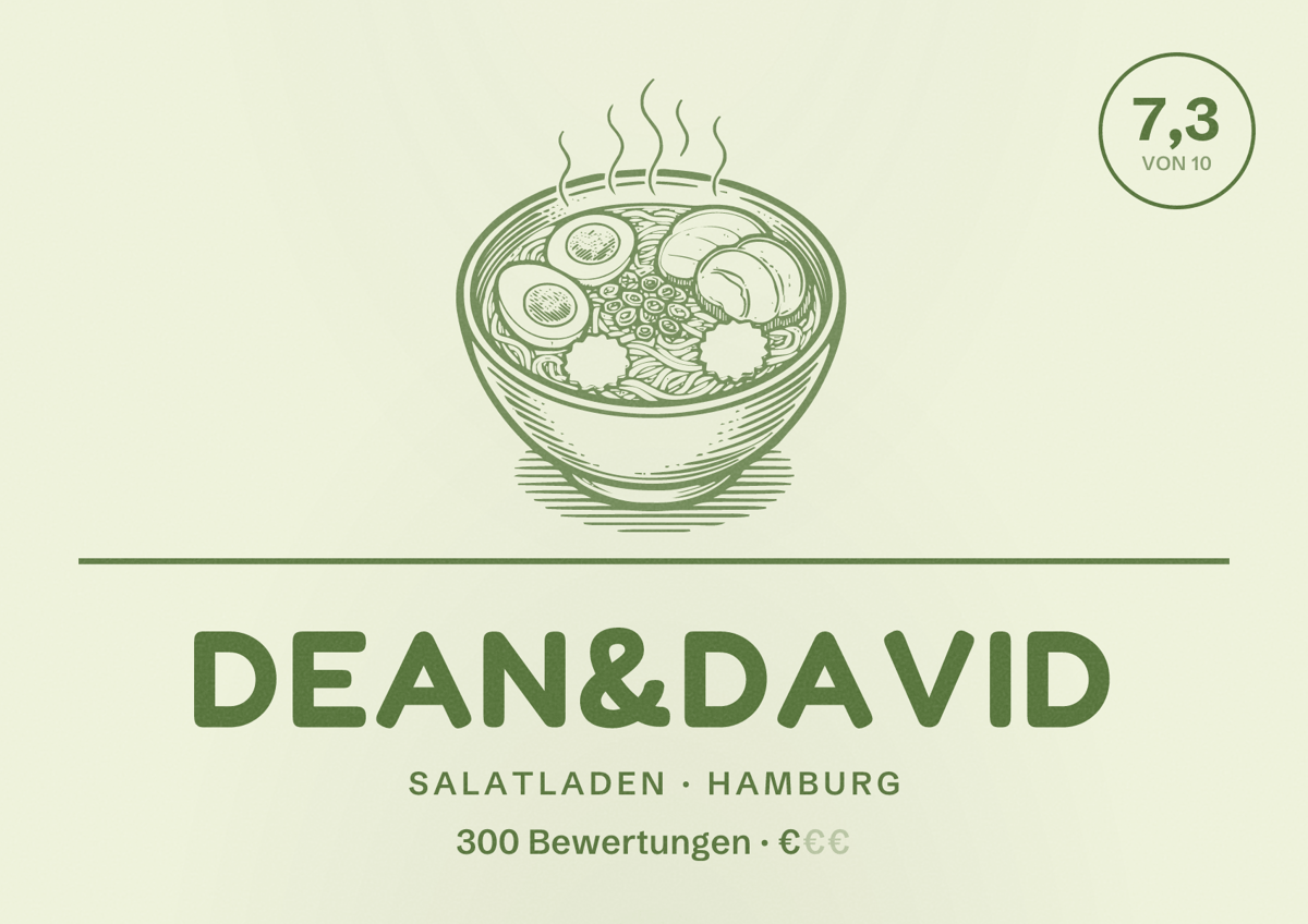 Illustriertes Poster von dean&david, Salatladen in Hamburg: Bewertung 7,3 von 10 aus 300 Bewertungen, Preisniveau €