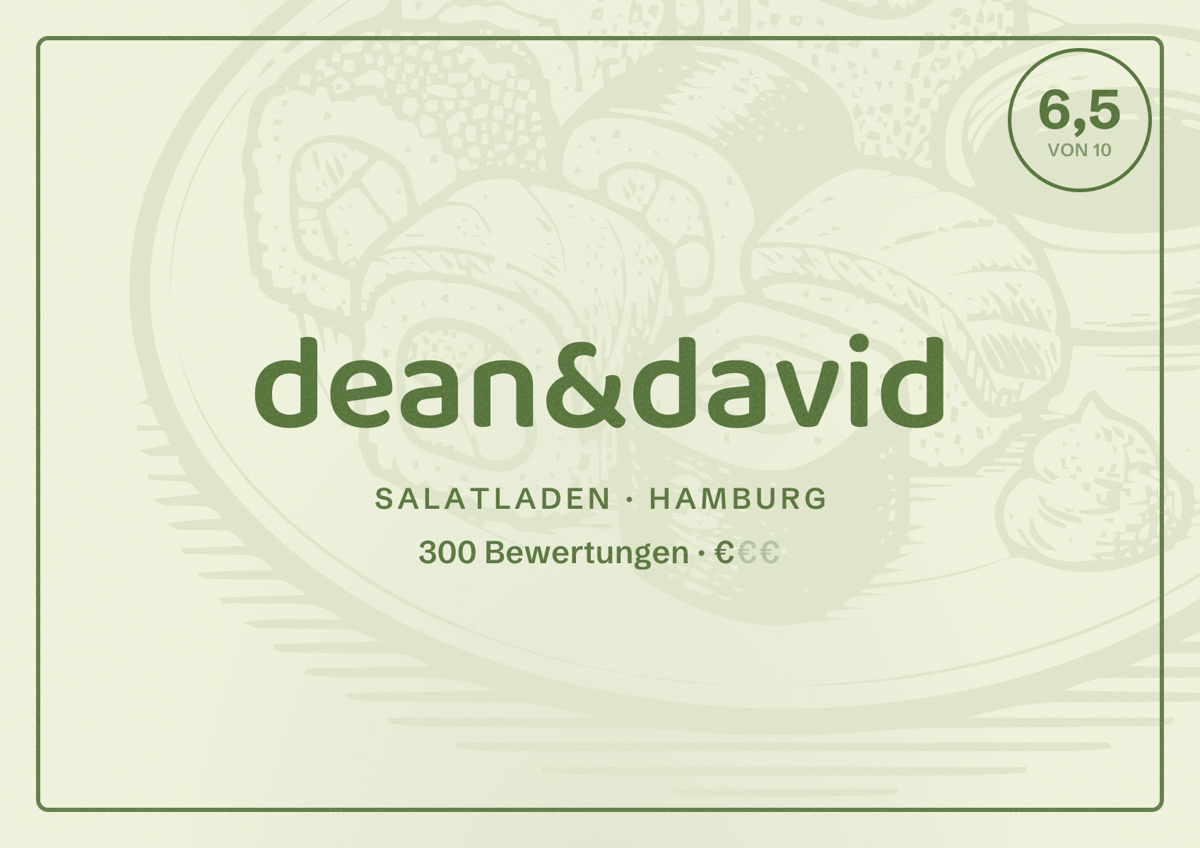 Illustriertes Poster von dean&david, Salatladen in Hamburg: Bewertung 6,5 von 10 aus 300 Bewertungen, Preisniveau €