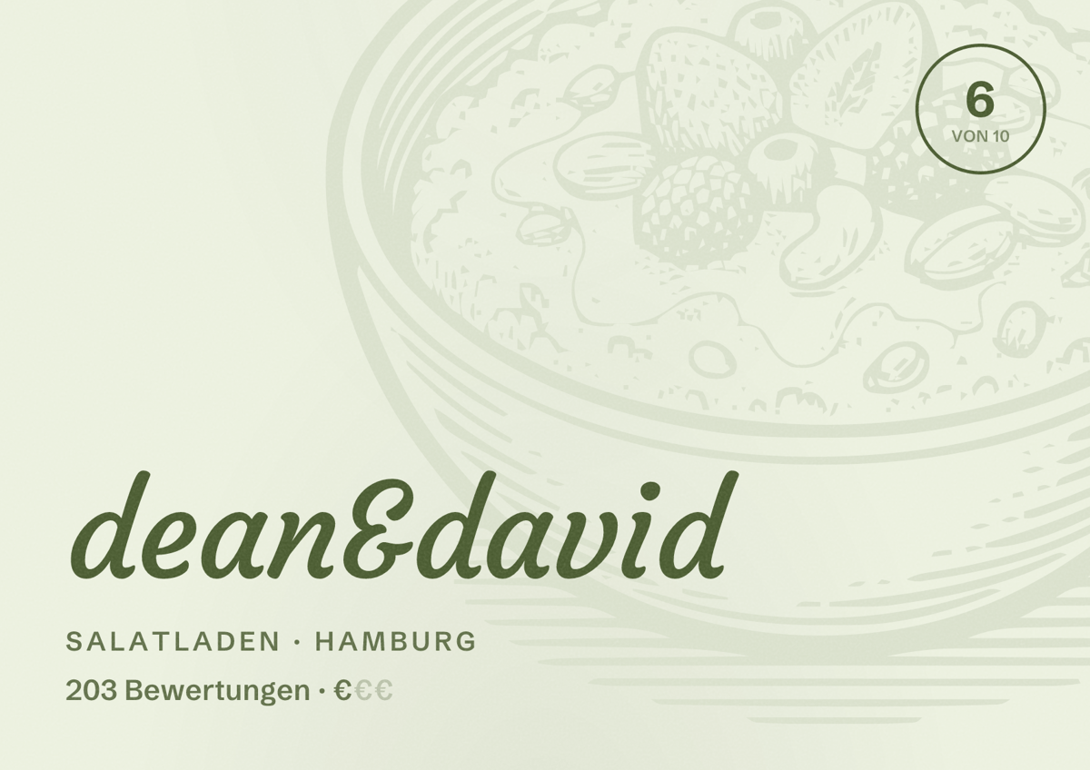 Illustriertes Poster von dean&david, Salatladen in Hamburg: Bewertung 6,0 von 10 aus 203 Bewertungen, Preisniveau €