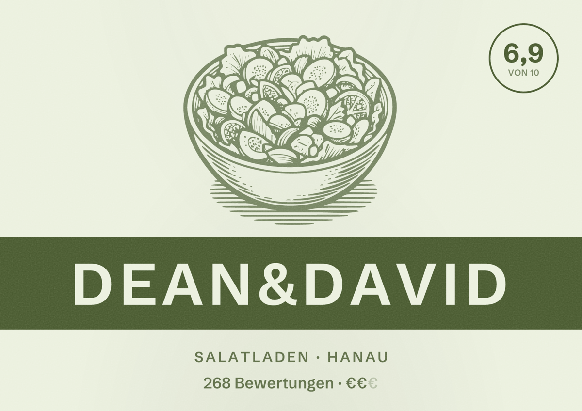 Illustriertes Poster von dean&david, Salatladen in Hanau: Bewertung 6,9 von 10 aus 268 Bewertungen, Preisniveau €€