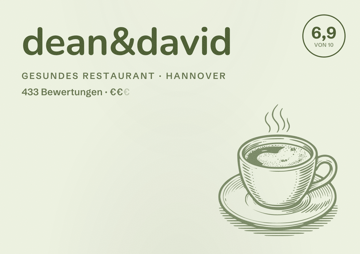 Illustriertes Poster von dean&david, Gesundes Restaurant in Hannover: Bewertung 6,9 von 10 aus 433 Bewertungen, Preisniveau €€