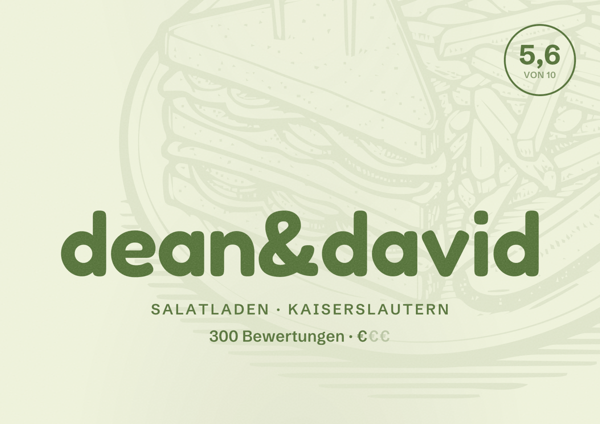 Illustriertes Poster von dean&david, Salatladen in Kaiserslautern: Bewertung 5,6 von 10 aus 300 Bewertungen, Preisniveau €