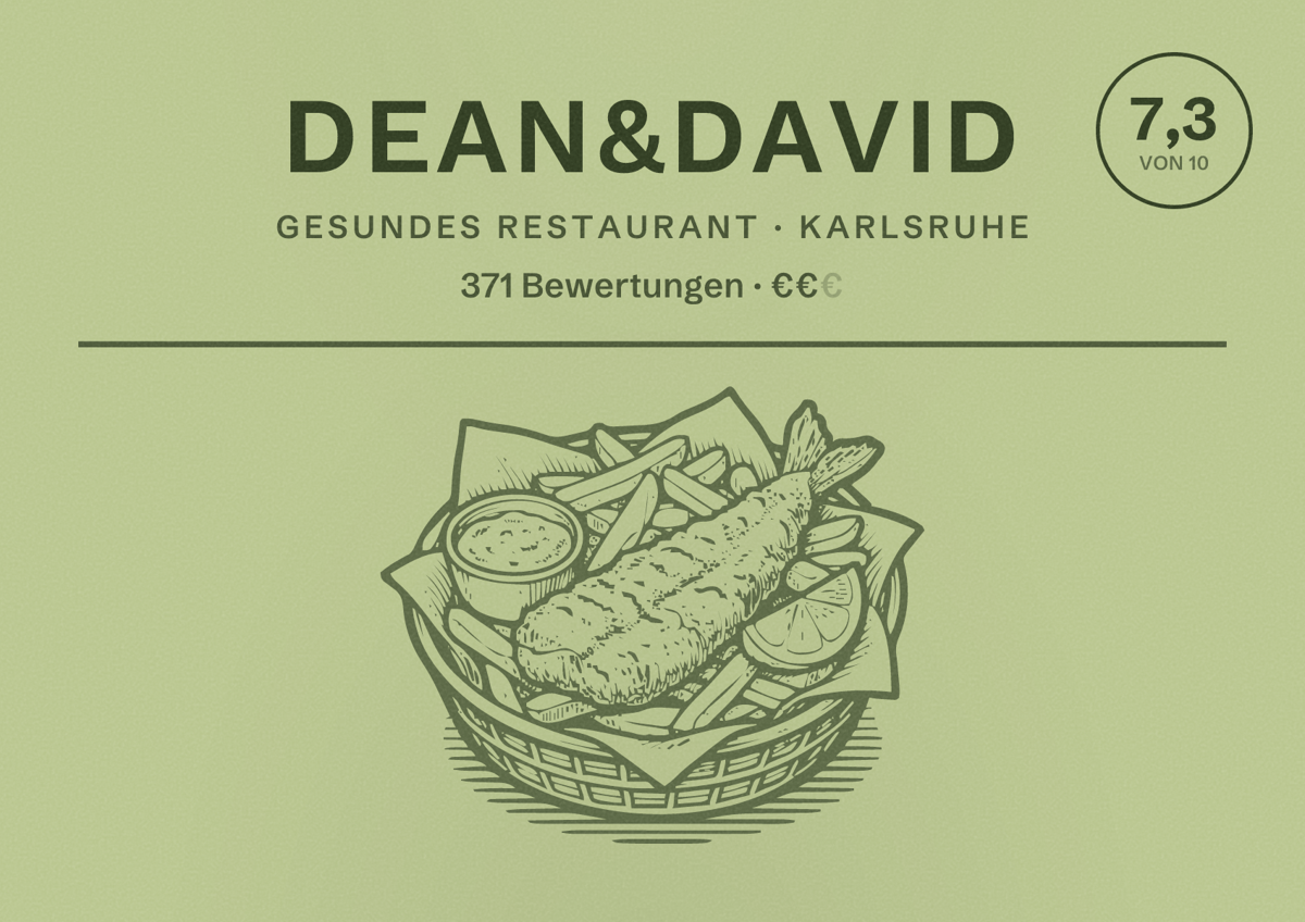 Illustriertes Poster von dean&david, Gesundes Restaurant in Karlsruhe: Bewertung 7,3 von 10 aus 371 Bewertungen, Preisniveau €€
