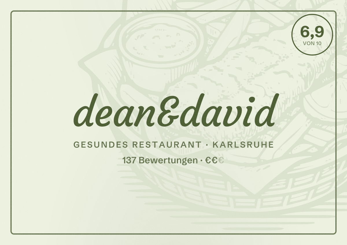Illustriertes Poster von dean&david, Gesundes Restaurant in Karlsruhe: Bewertung 6,9 von 10 aus 137 Bewertungen, Preisniveau €€