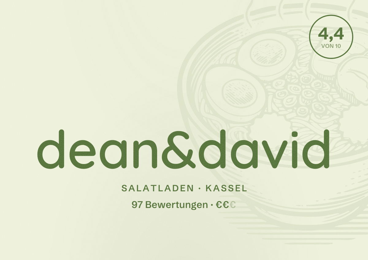 Illustriertes Poster von dean&david, Salatladen in Kassel: Bewertung 4,4 von 10 aus 97 Bewertungen, Preisniveau €€