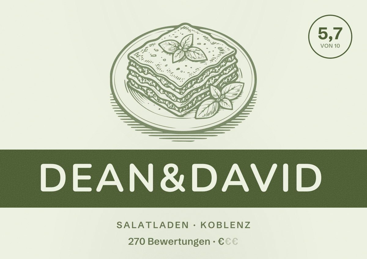 Illustriertes Poster von dean&david, Salatladen in Koblenz: Bewertung 5,7 von 10 aus 270 Bewertungen, Preisniveau €