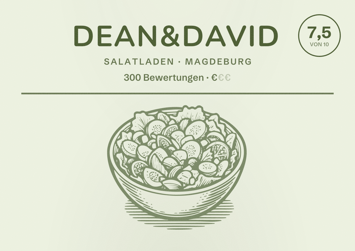 Illustriertes Poster von dean&david, Salatladen in Magdeburg: Bewertung 7,5 von 10 aus 300 Bewertungen, Preisniveau €