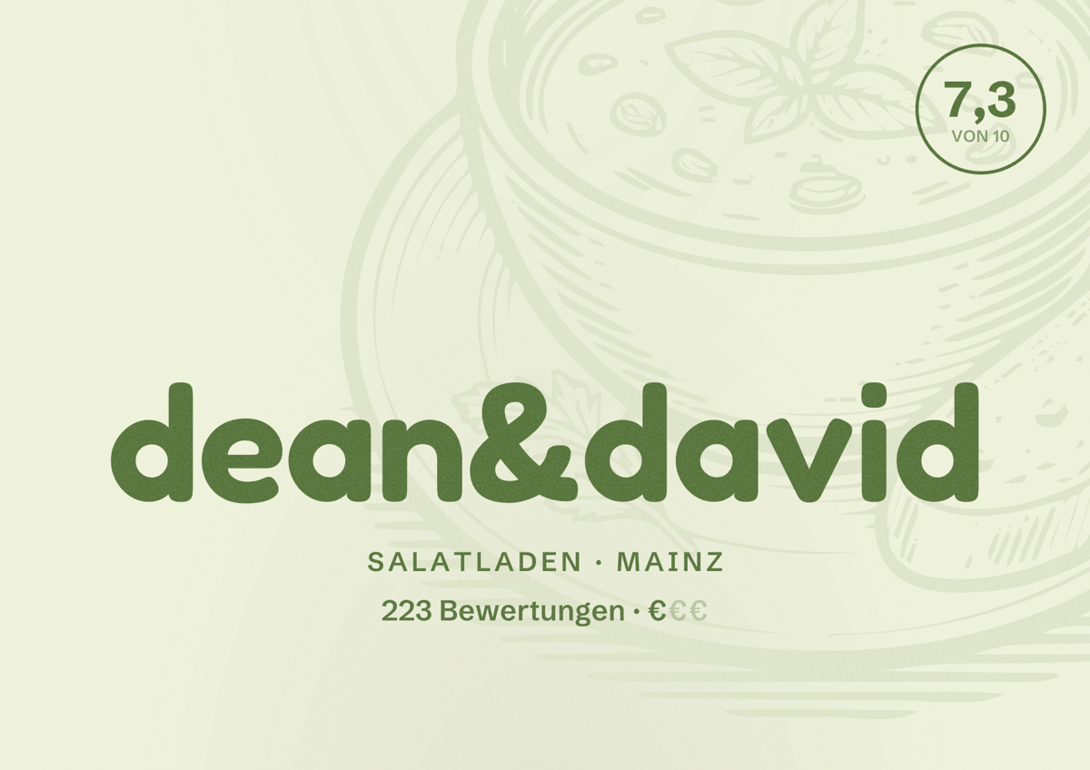 Illustriertes Poster von dean&david, Salatladen in Mainz: Bewertung 7,3 von 10 aus 223 Bewertungen, Preisniveau €