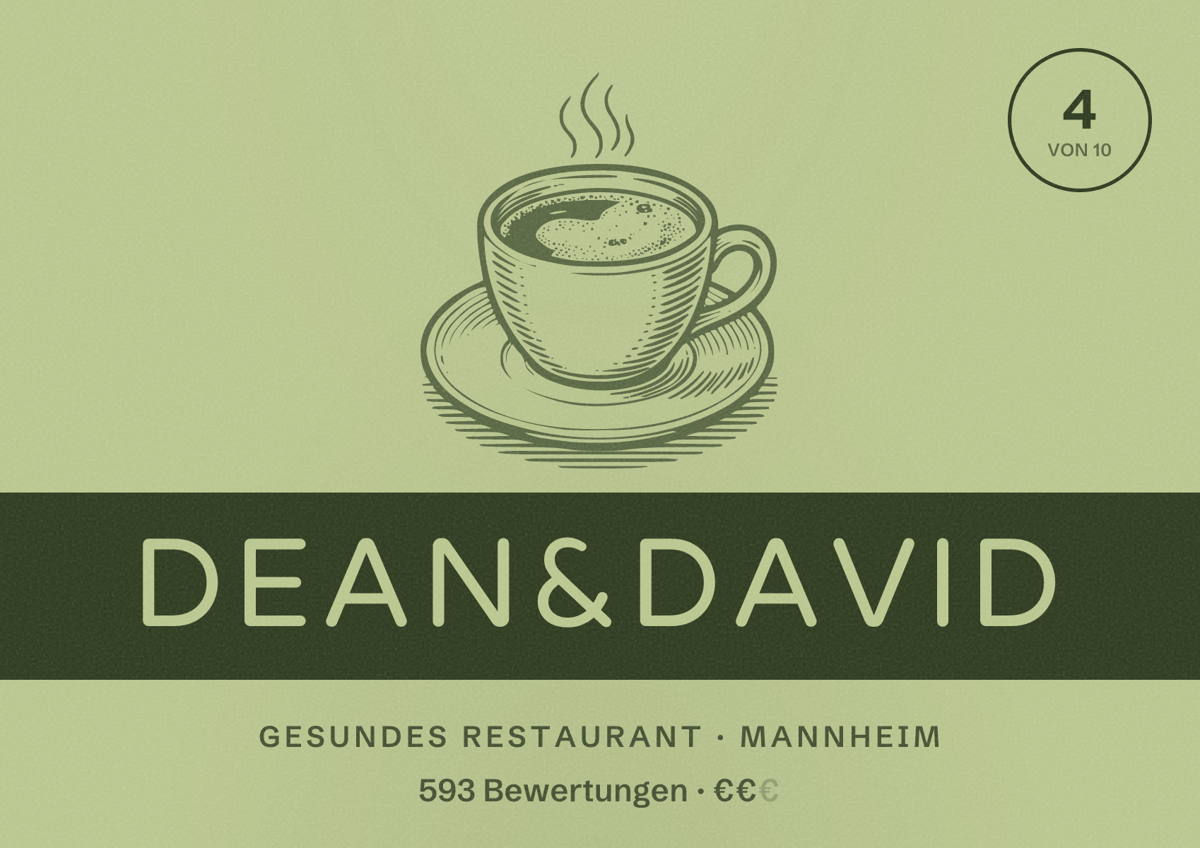 Illustriertes Poster von dean&david, Gesundes Restaurant in Mannheim: Bewertung 4 von 10 aus 593 Bewertungen, Preisniveau €€