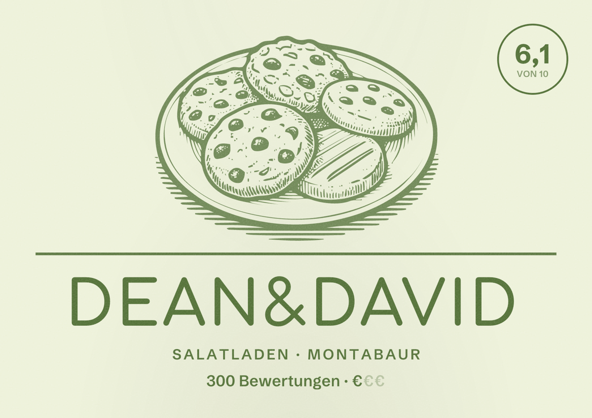Illustriertes Poster von dean&david, Salatladen in Montabaur: Bewertung 6,1 von 10 aus 300 Bewertungen, Preisniveau €