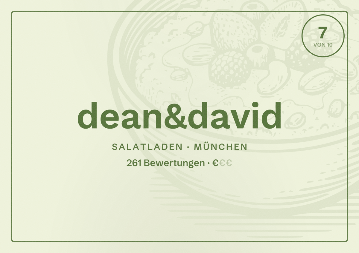 Illustriertes Poster von dean&david, Salatladen in München: Bewertung 7,0 von 10 aus 261 Bewertungen, Preisniveau €