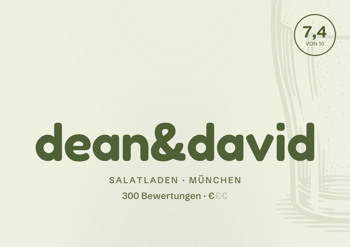 Illustriertes Poster von dean&david, Salatladen in München: Bewertung 7,4 von 10 aus 300 Bewertungen, Preisniveau €