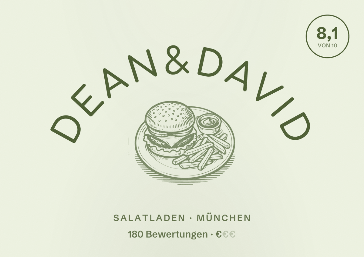 Illustriertes Poster von dean&david, Salatladen in München: Bewertung 8,1 von 10 aus 180 Bewertungen, Preisniveau €