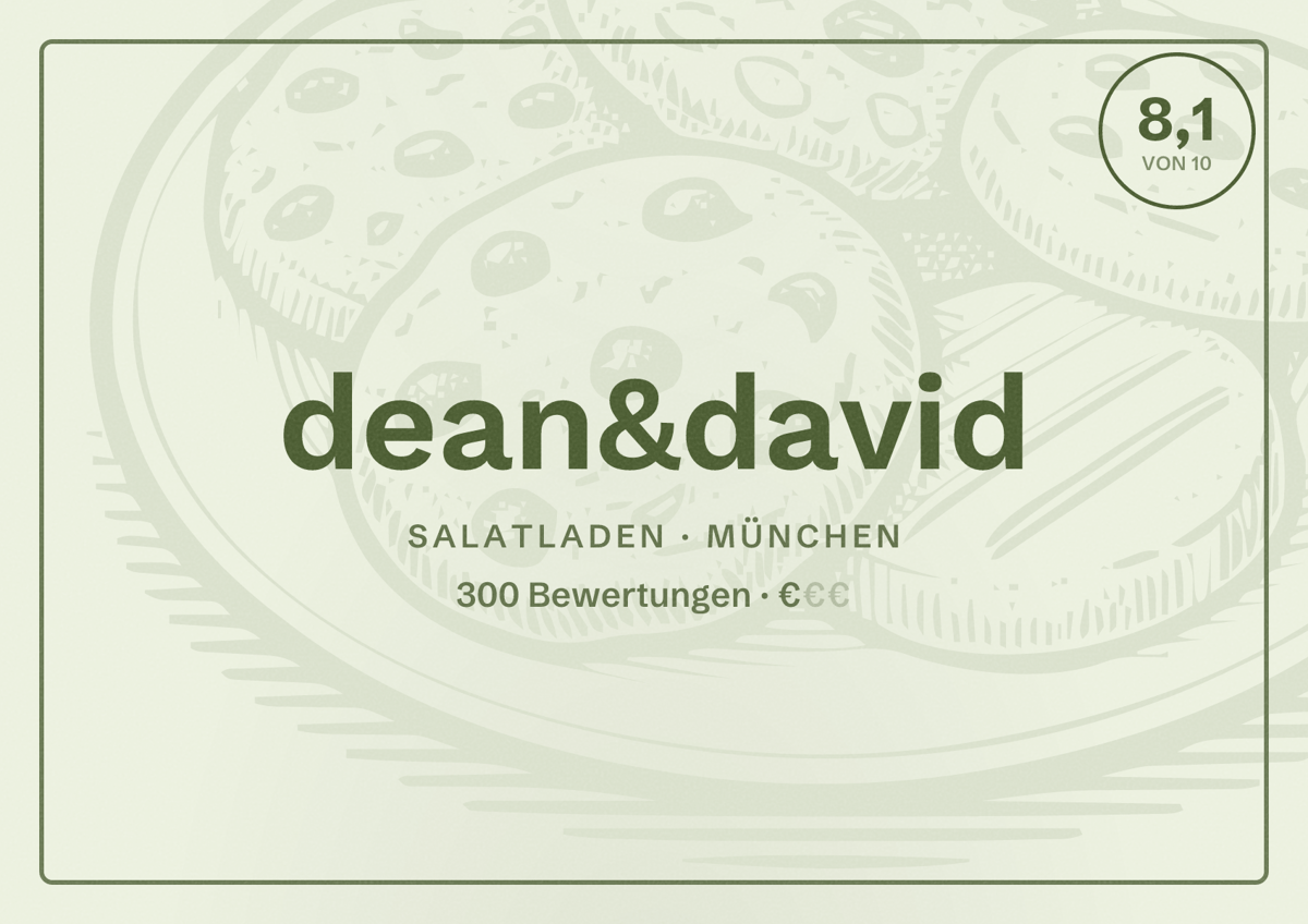 Illustriertes Poster von dean&david, Salatladen in München: Bewertung 8,1 von 10 aus 300 Bewertungen, Preisniveau €
