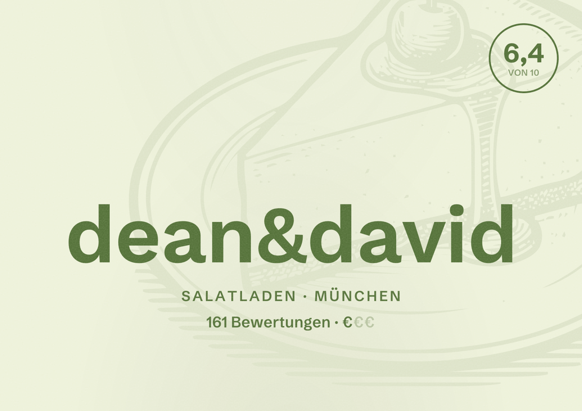 Illustriertes Poster von dean&david, Salatladen in München: Bewertung 6,4 von 10 aus 161 Bewertungen, Preisniveau €