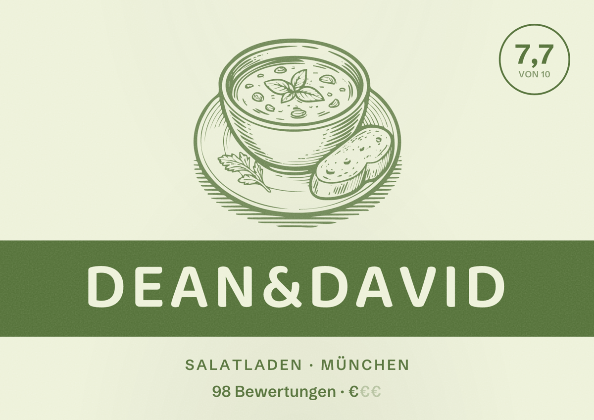 Illustriertes Poster von dean&david, Salatladen in München: Bewertung 7,7 von 10 aus 98 Bewertungen, Preisniveau €