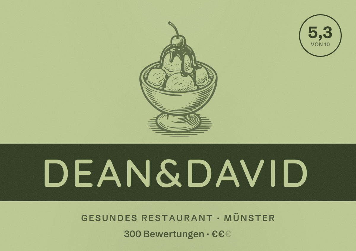 Illustriertes Poster von dean&david, Gesundes Restaurant in Münster: Bewertung 5,3 von 10 aus 300 Bewertungen, Preisniveau €€