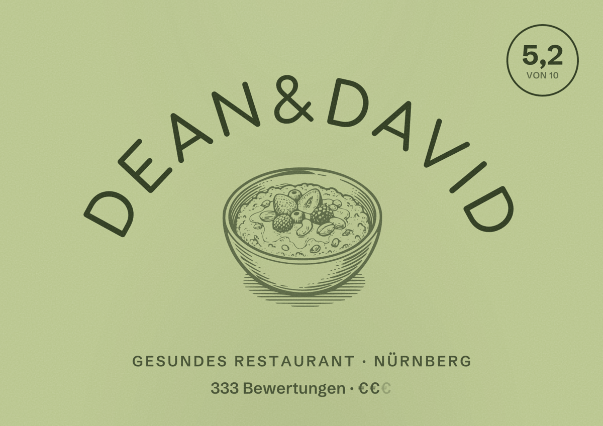 Illustriertes Poster von dean&david, Gesundes Restaurant in Nürnberg: Bewertung 5,2 von 10 aus 333 Bewertungen, Preisniveau €€