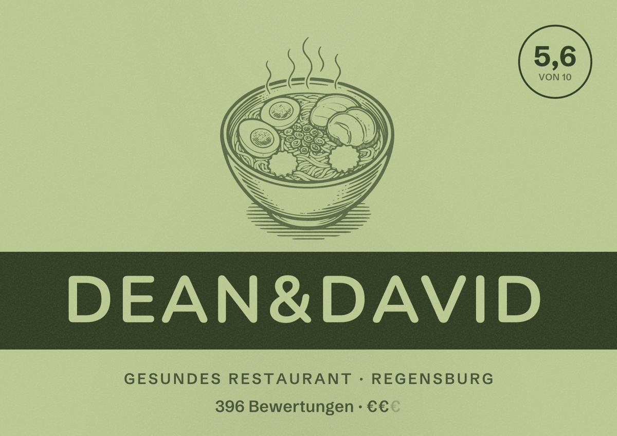 Illustriertes Poster von Dean&David, Gesundes Restaurant in Regensburg: Bewertung 5,6 von 10 aus 396 Bewertungen, Preisniveau €€