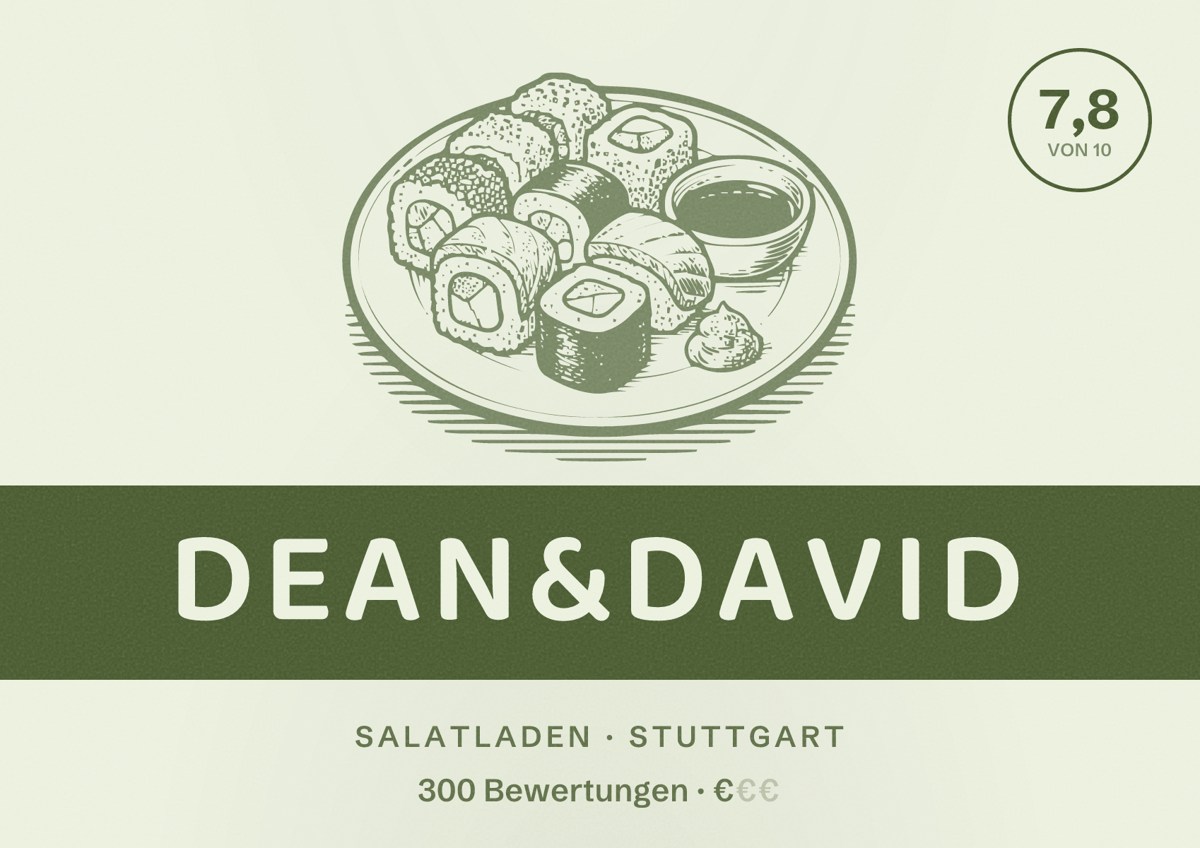 Illustriertes Poster von dean&david, Salatladen in Stuttgart: Bewertung 7,8 von 10 aus 300 Bewertungen, Preisniveau €