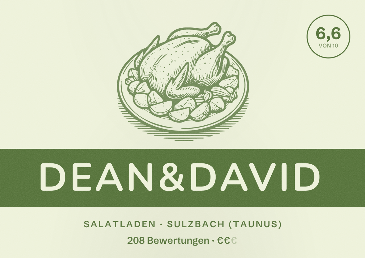 Illustriertes Poster von dean&david, Salatladen in Sulzbach (Taunus): Bewertung 6,6 von 10 aus 208 Bewertungen, Preisniveau €€